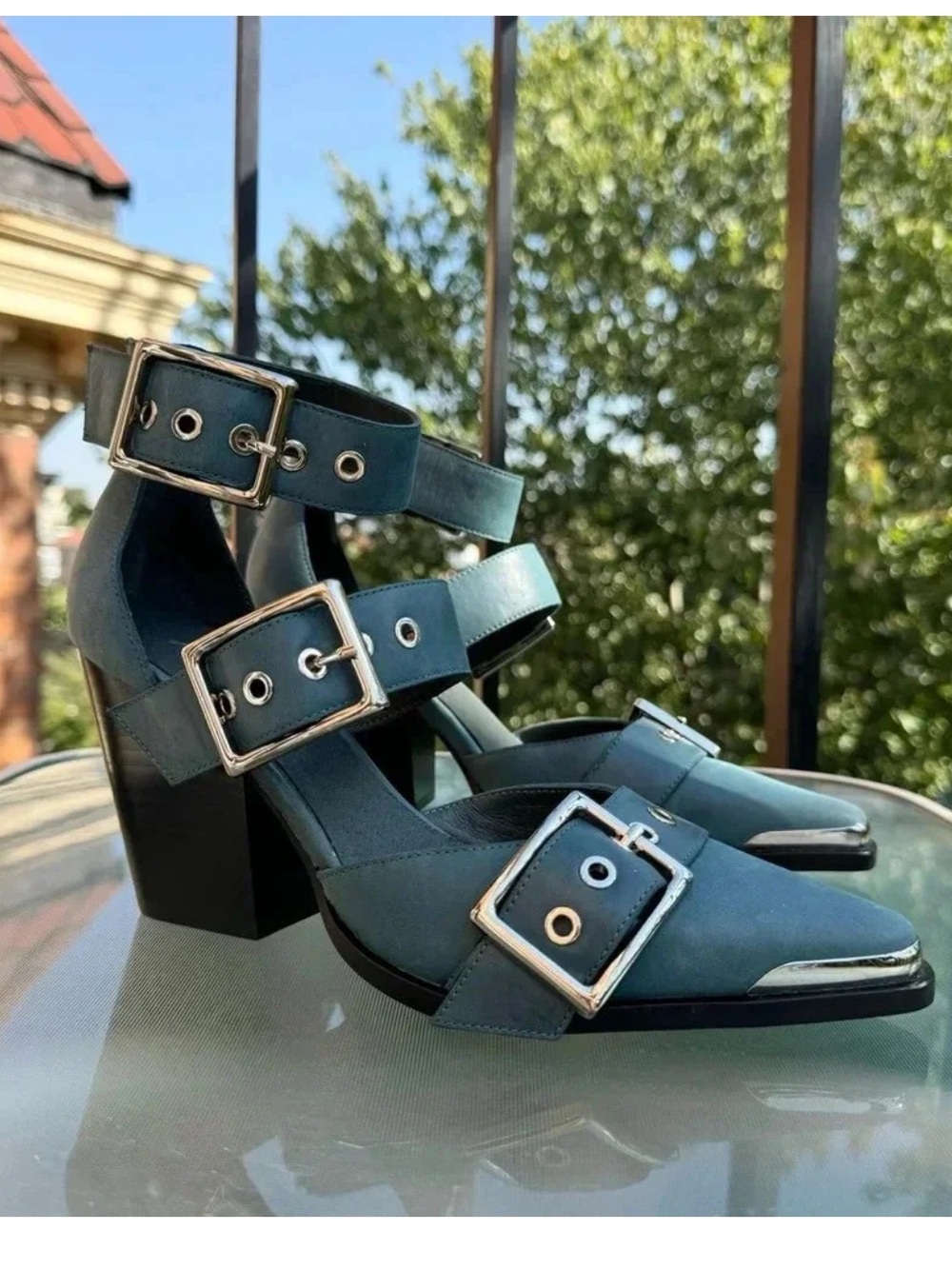 New Jeffrey Campbell Free People Hendrix Heels Blue Silver 6